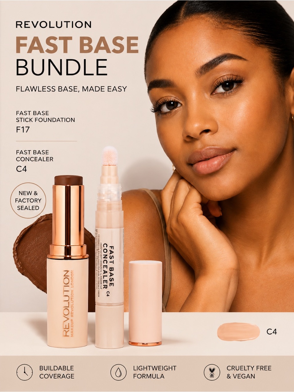 Makeup Revolution Fast Base Foundation F17 & Concealer C4 *Bundle* Sealed